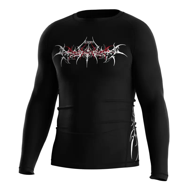 The Left Front View of Ashen Spire Abstract Tribal Rash Guard 3.0 Gothic Temple