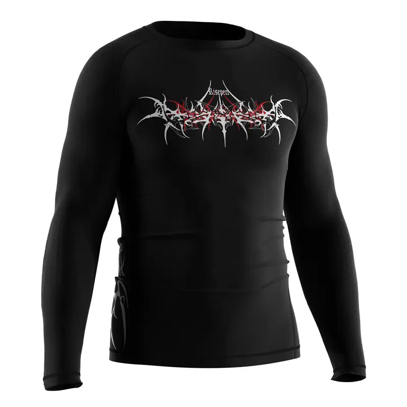 The Right Front View of Ashen Spire Abstract Tribal Rash Guard 3.0 Gothic Temple