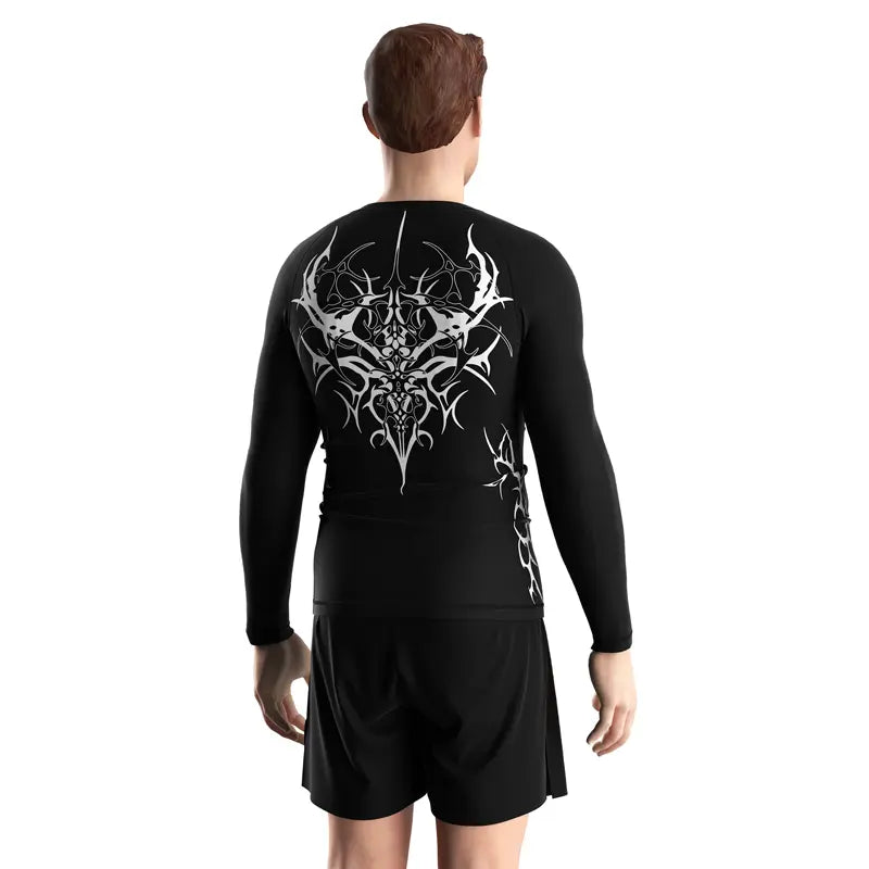 Male Model in Ashen Spire Abstract Tribal Rash Guard 3.0 Gothic Temple Back View