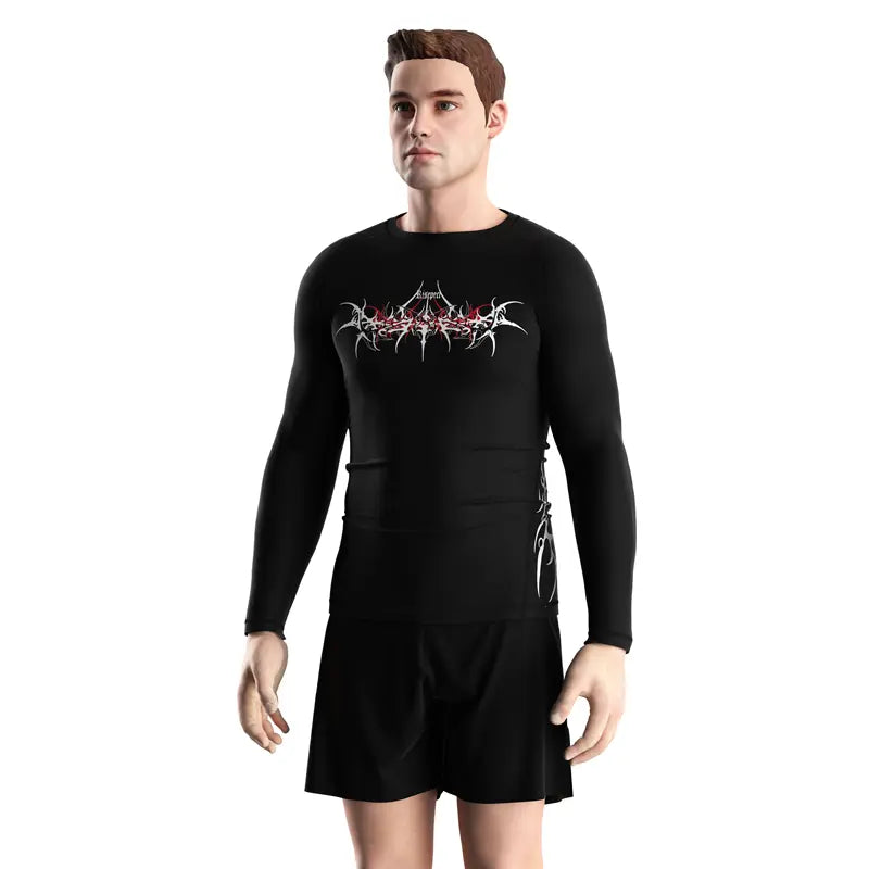 Male Model in Ashen Spire Abstract Tribal Rash Guard 3.0 Gothic Temple Front View