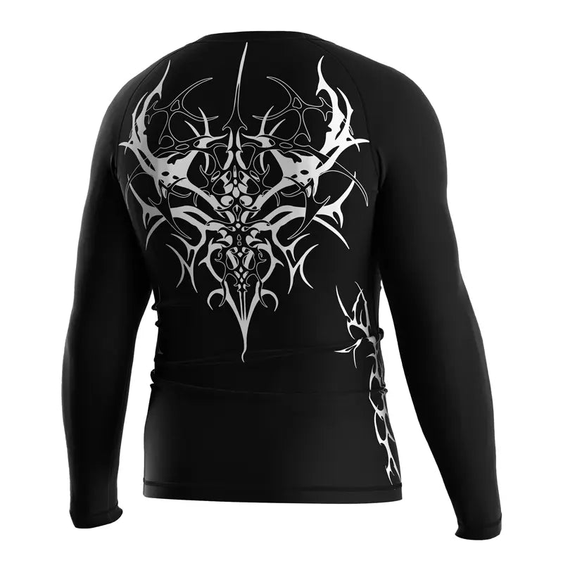 The Right Back View of Ashen Spire Abstract Tribal Rash Guard 3.0 Gothic Temple