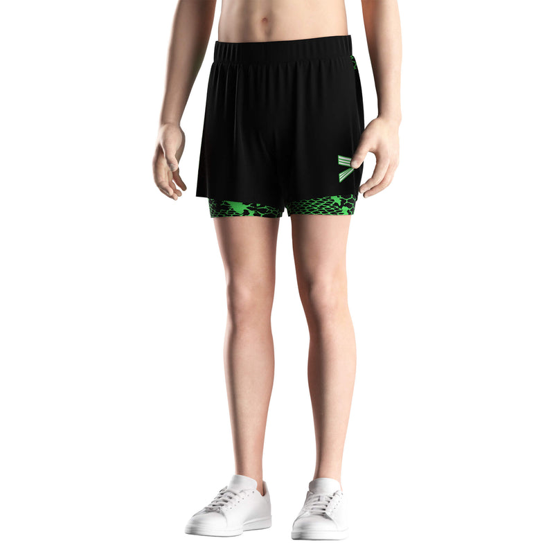 Male Model in Black 2 in 1 BJJ MMA Shorts Snack Green Liner - front