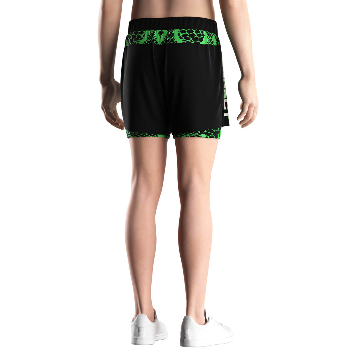 Male Model in Black 2 in 1 BJJ MMA Shorts Snack Green Liner - back