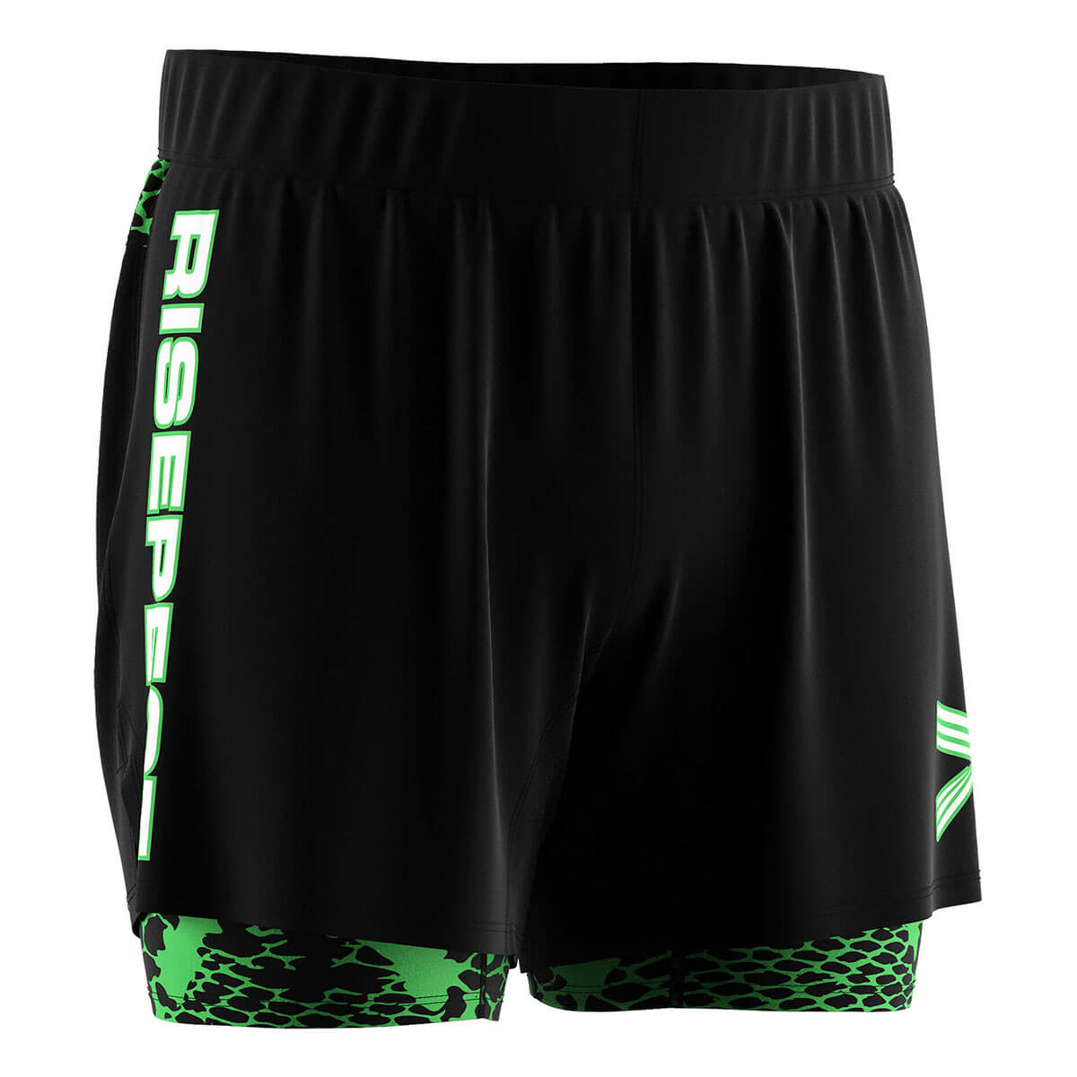 Black 2 in 1 BJJ MMA Shorts Snack Green Liner