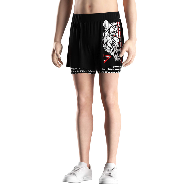 Male Model in Black 2 in 1 White Tiger Head BJJ MMA Shorts - front