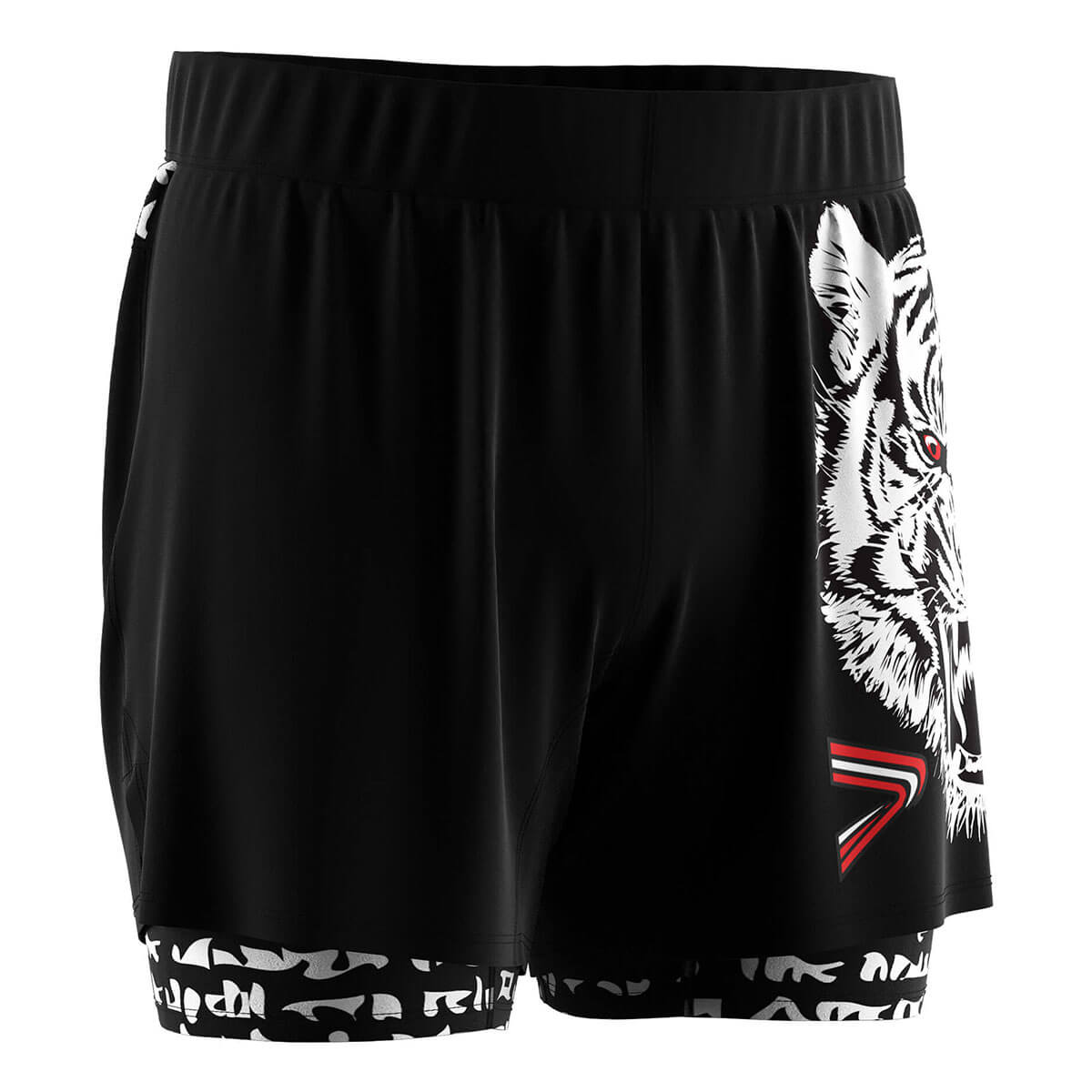 Black 2 in 1 White Tiger Head BJJ MMA Shorts