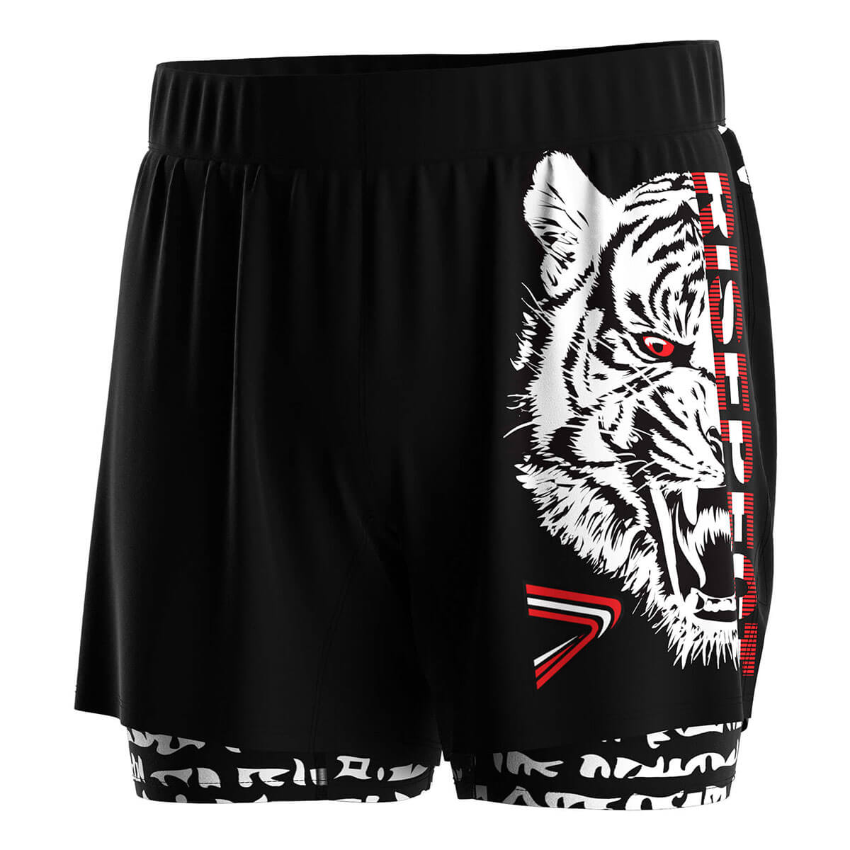 Black 2 in 1 White Tiger Head BJJ MMA Shorts