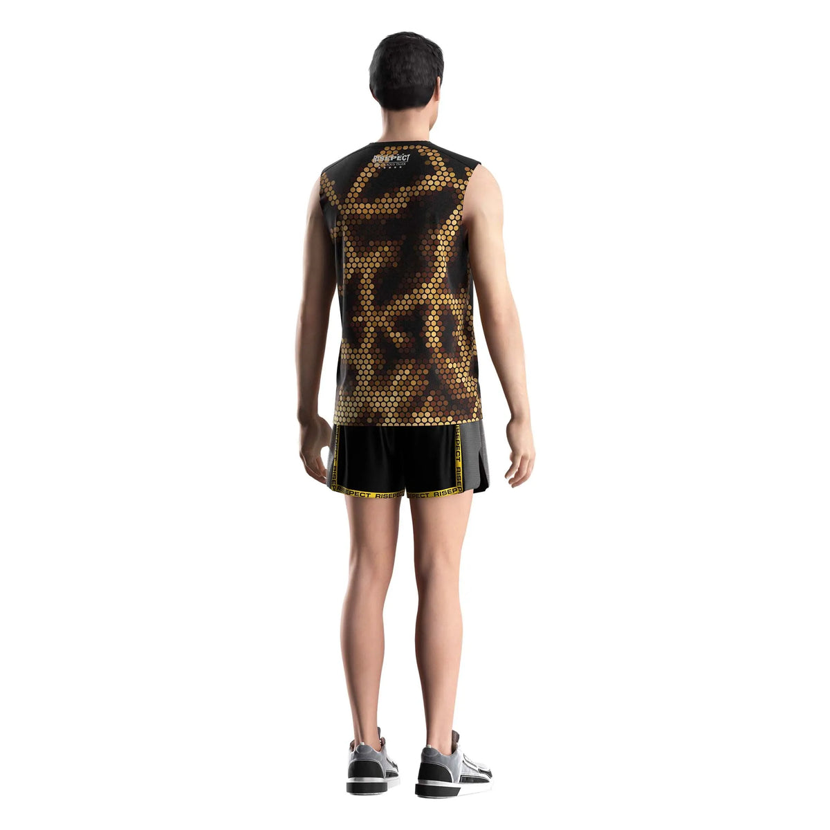 Male Model in Black & Gold Neon Honeycomb Graphic Muay Thai Sleeveless Shirt