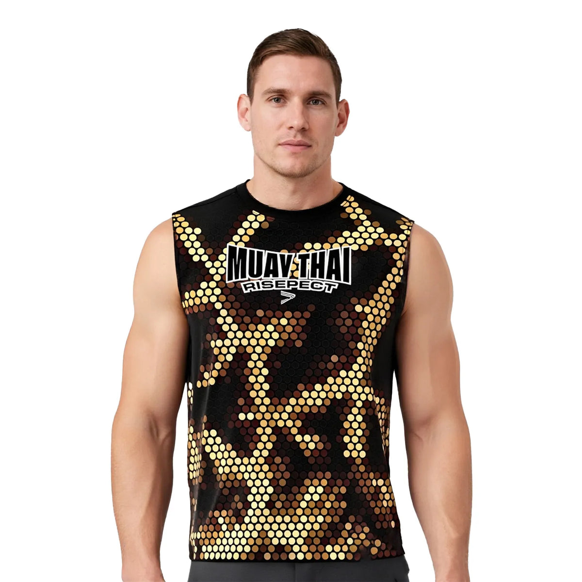 Male Model in Black & Gold Neon Honeycomb Graphic Muay Thai Sleeveless Shirt