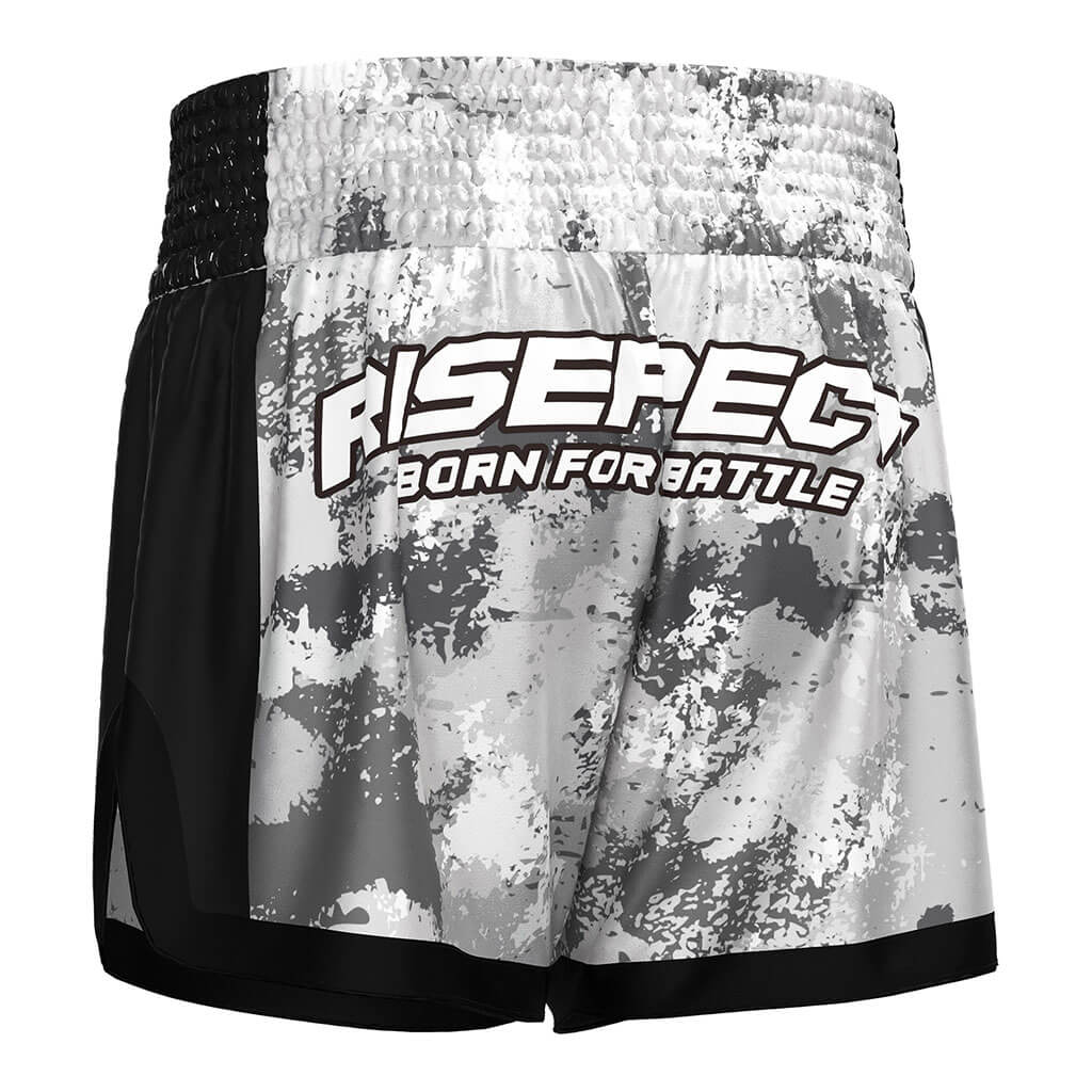 Black & Gray Muay Thai Shorts Modern High-slit Edition - left back