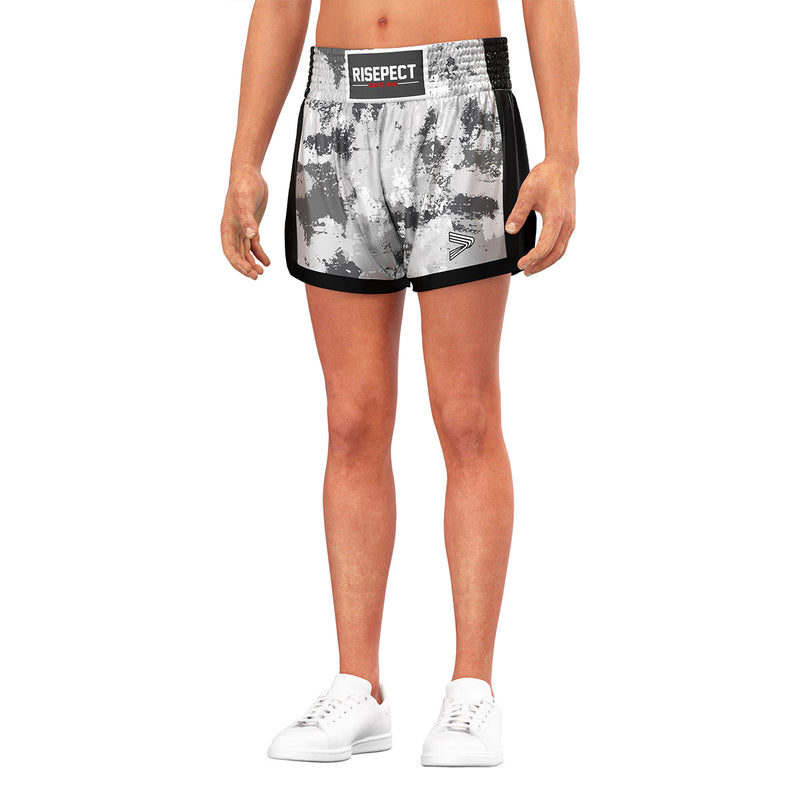 Male Model in Black & Gray Muay Thai Shorts Modern High-slit Edition - front