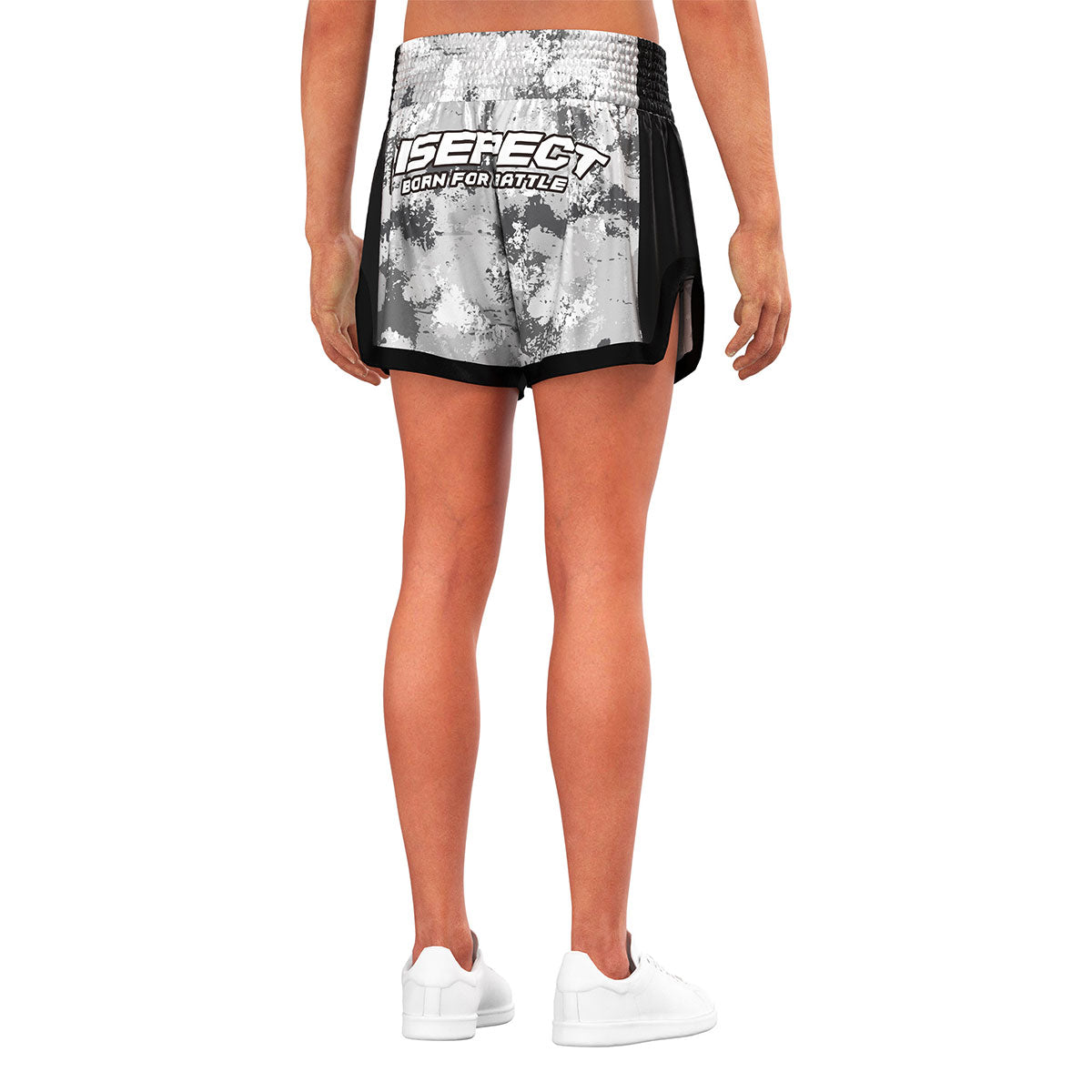 Male Model in Black & Gray Muay Thai Shorts Modern High-slit Edition - back