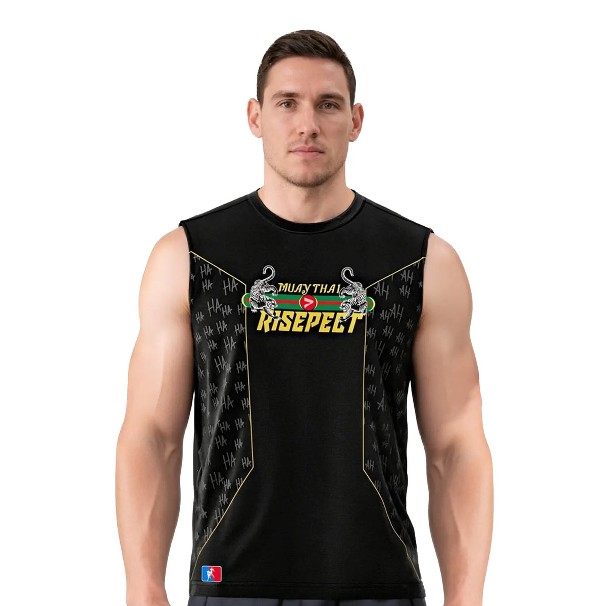 Male Model in Black & Yellow Muay Thai RISEPECT Cut-Off Sleeve Shirt