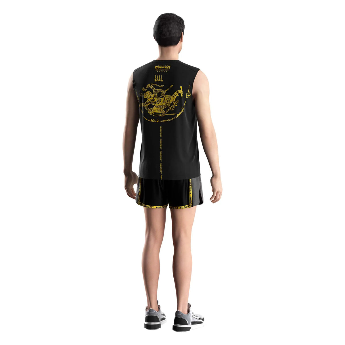 Male Model in Black & Yellow Tiger Graphic Muay Thai Sleeveless Shirt