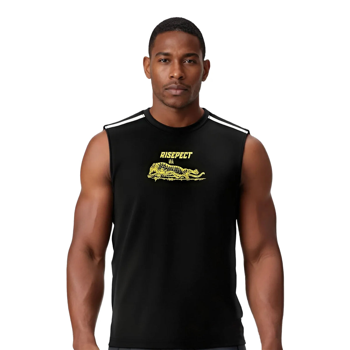 Male Model in Black & Yellow Tiger Graphic Muay Thai Sleeveless Shirt