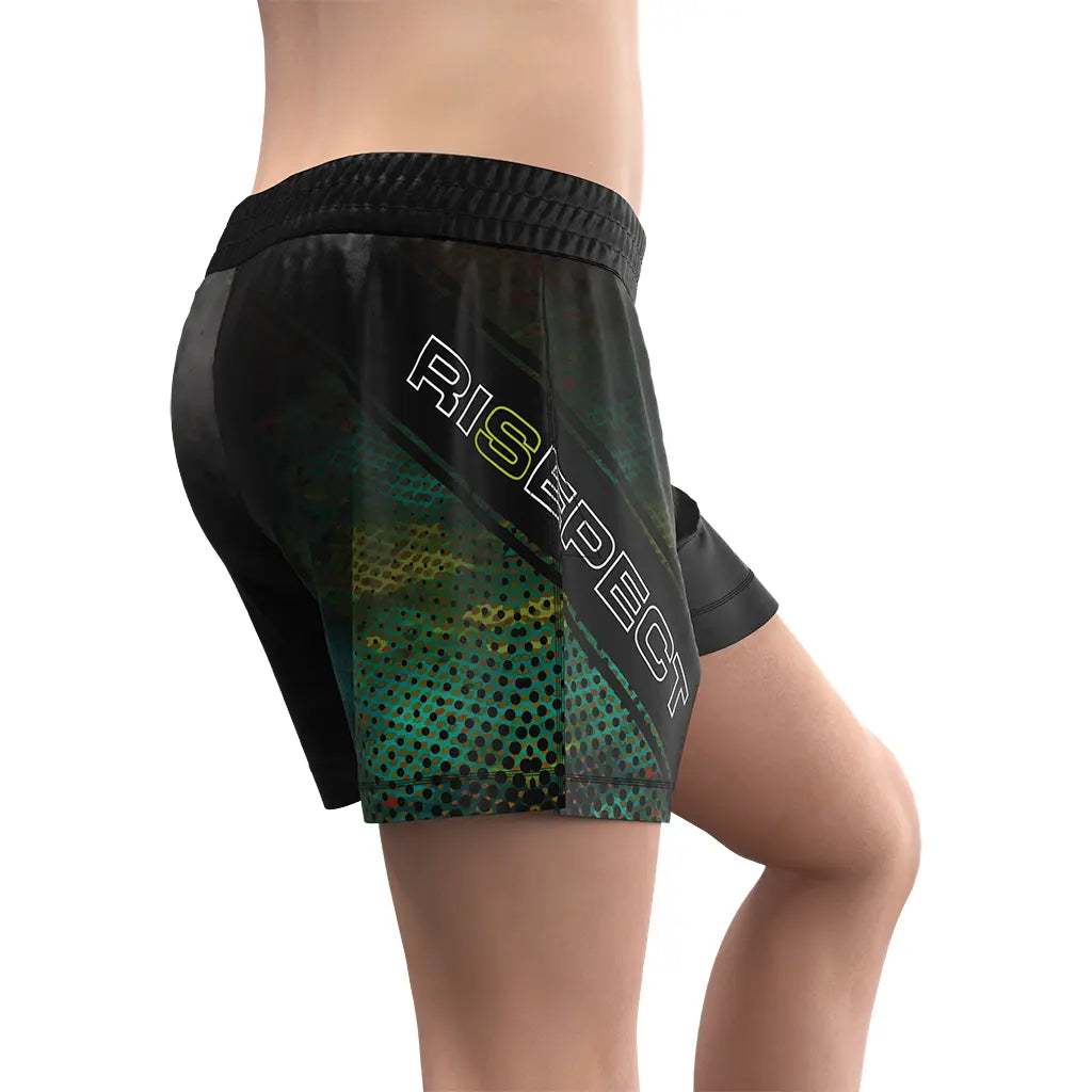 Male Model in Black High Slit Aurora Night Fight MMA BJJ Hybrid Shorts Right Side View
