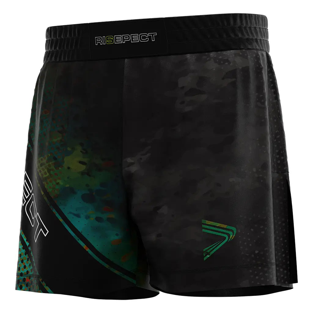 The Left Front View of Black High Slit Aurora Night Fight MMA BJJ Hybrid Shorts