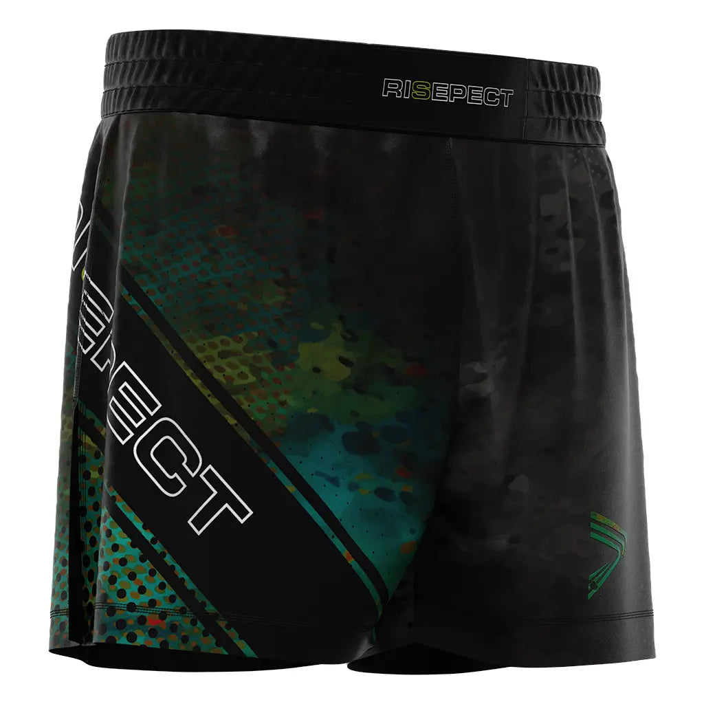 The Right Front View of Black High Slit Aurora Night Fight MMA BJJ Hybrid Shorts