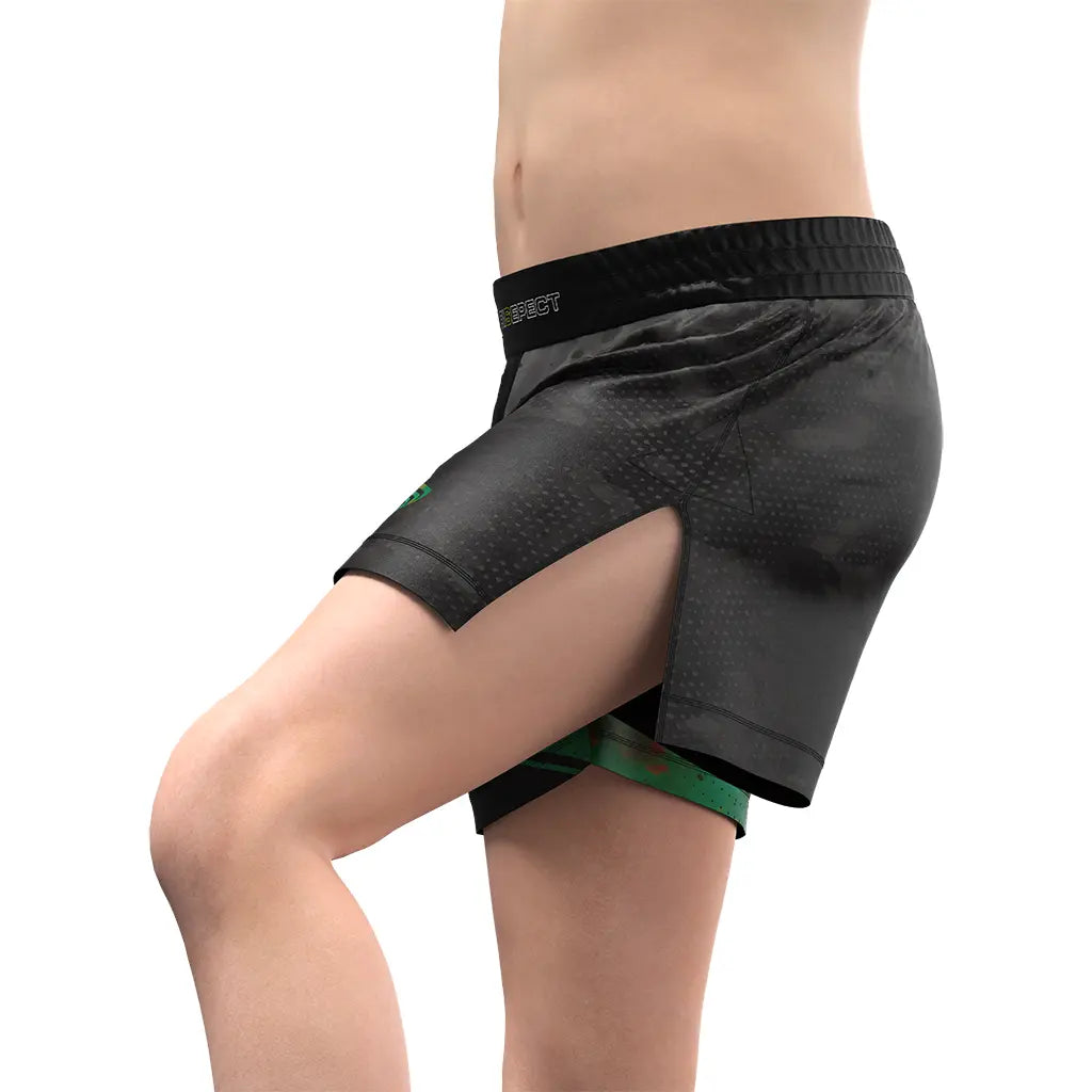 Male Model in Black High Slit Aurora Night Fight MMA BJJ Hybrid Shorts Left Side View