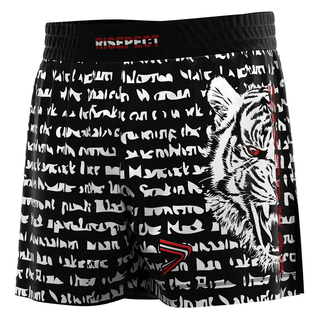 The Left Front View of Black High Slit White Tiger Head BJJ MMA Hybrid Shorts