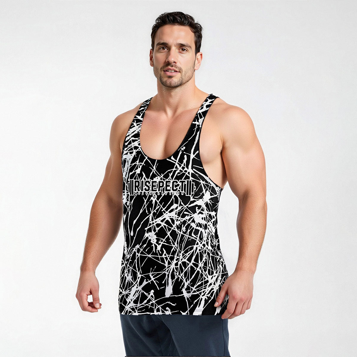 Male Model in black Marble Print Mens Gym Stringers Tank for Bodybuilding