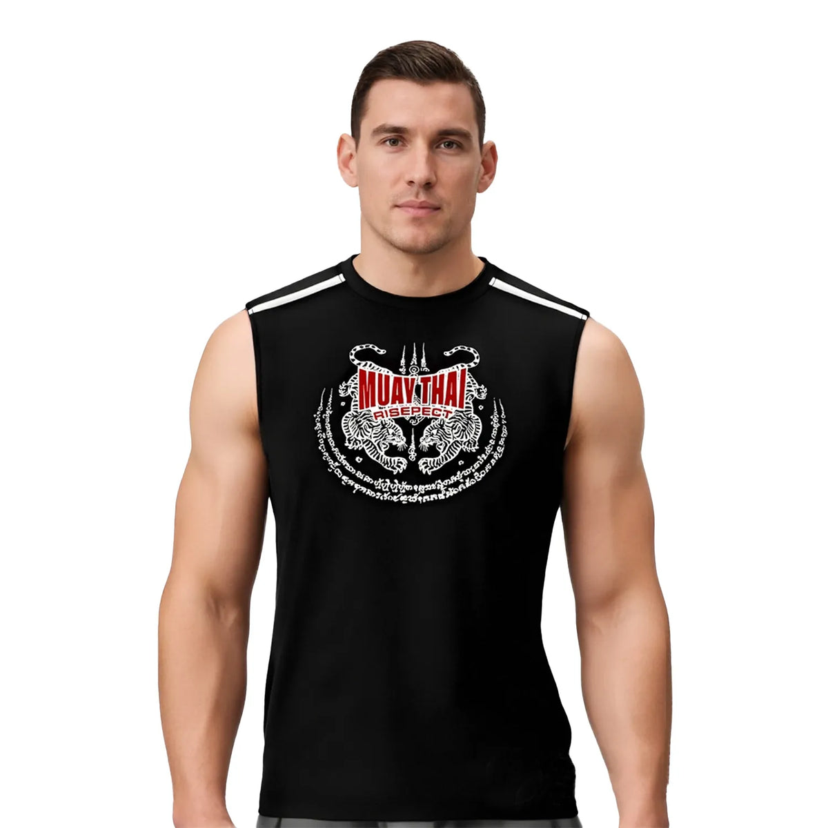 Male Model in Black Muay Thai Circular Double Tigers Sleeveless Shirt