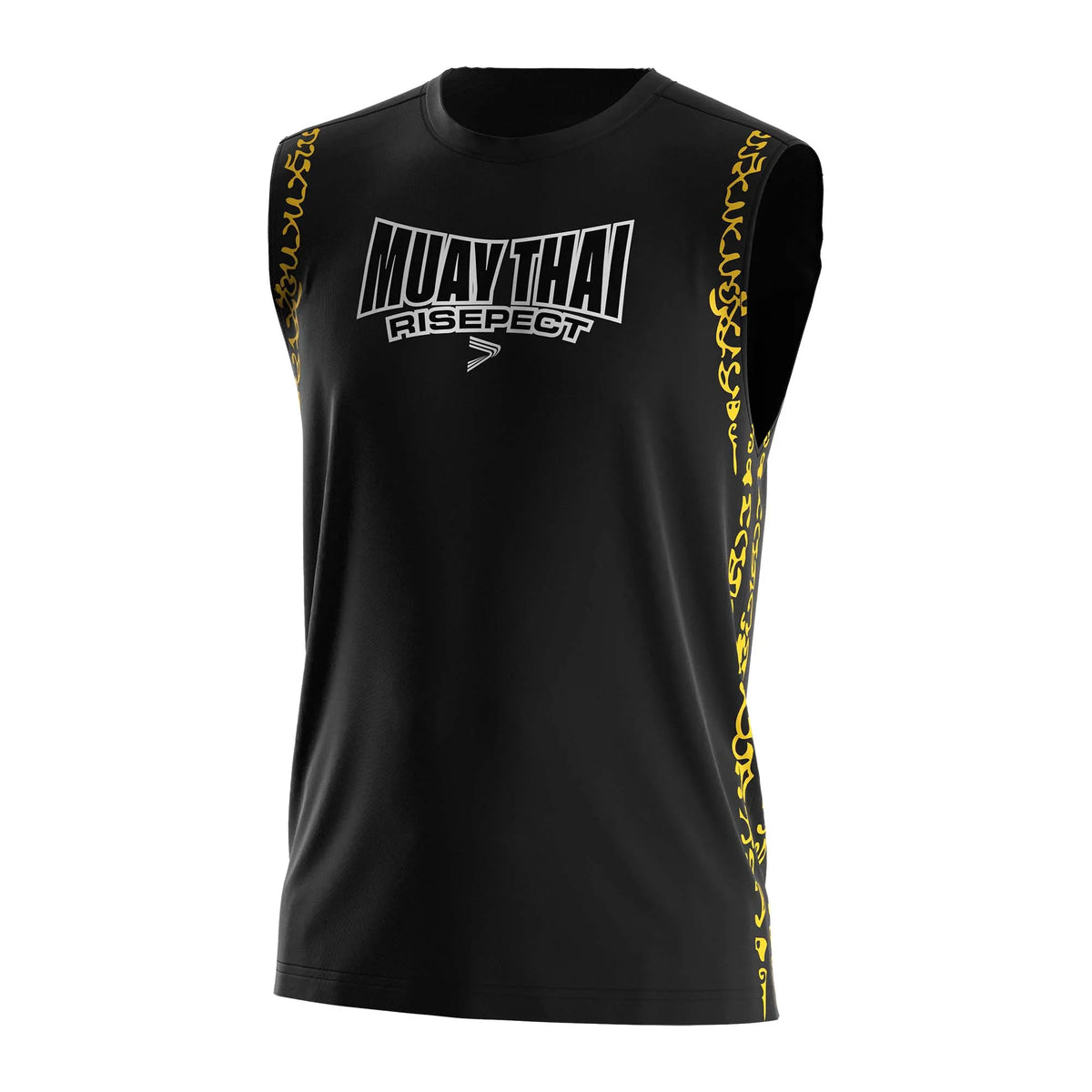 Black Muay Thai Sleeveless Shirt With Gold Buddhist Texts