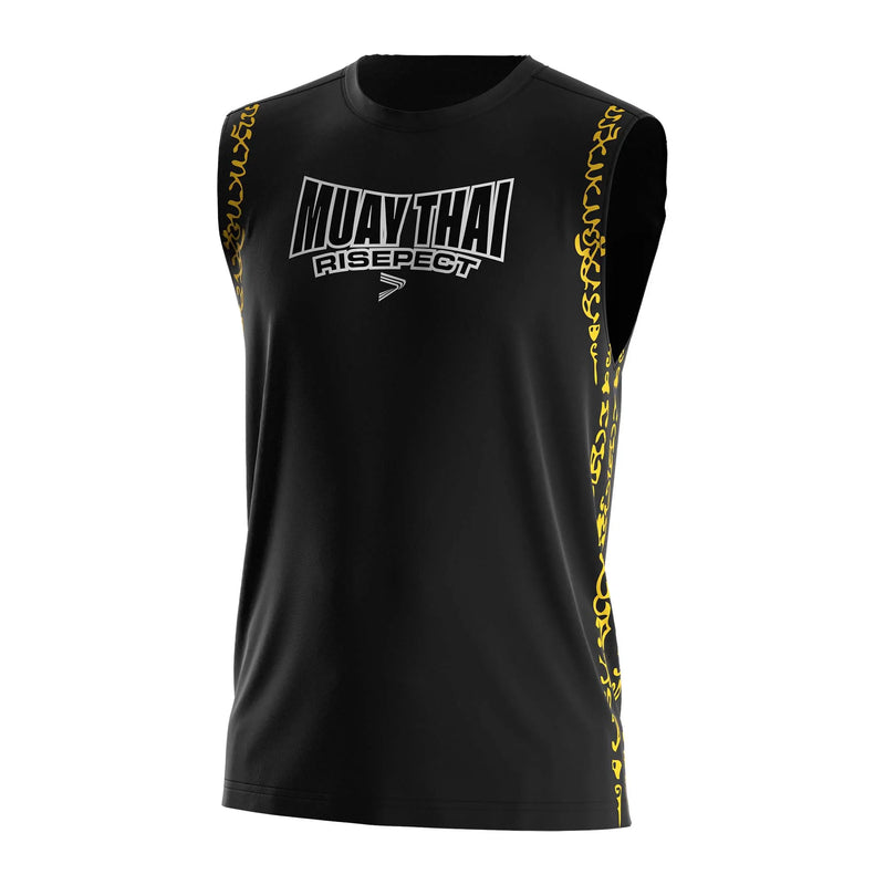 Black Muay Thai Sleeveless Shirt With Gold Buddhist Texts