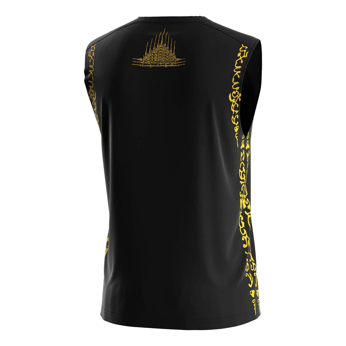 Black Muay Thai Sleeveless Shirt With Gold Buddhist Texts