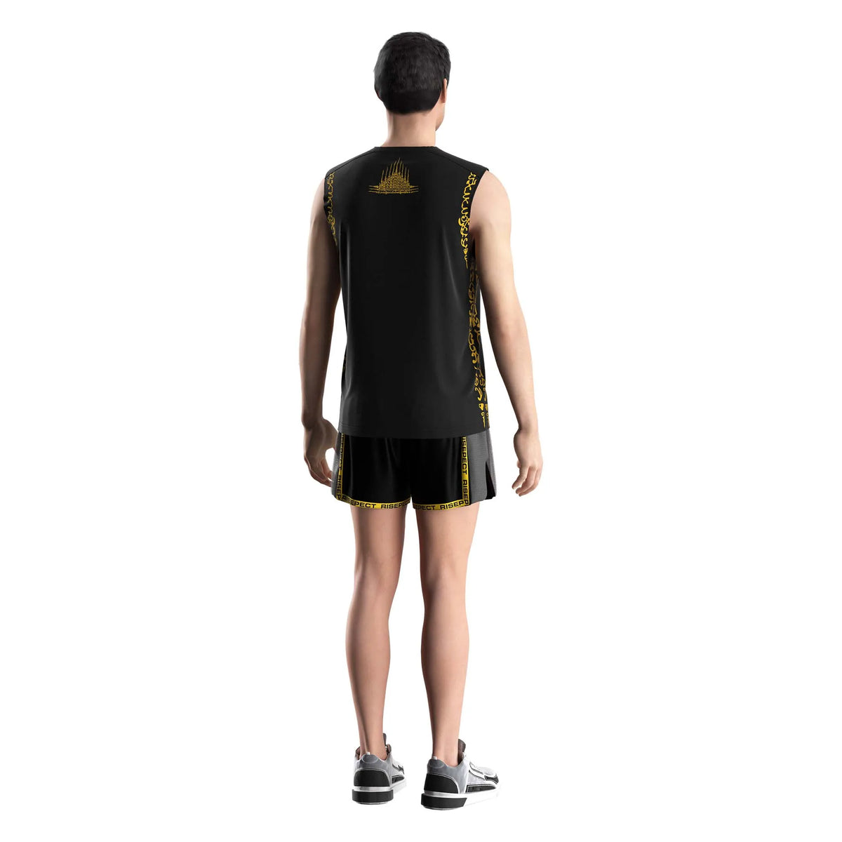Black Muay Thai Sleeveless Shirt With Gold Buddhist Texts