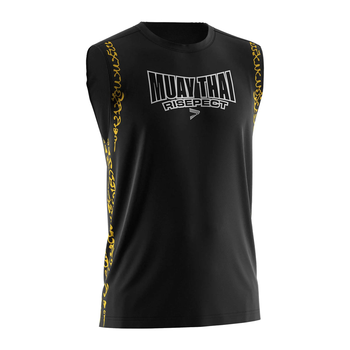 Black Muay Thai Sleeveless Shirt With Gold Buddhist Texts