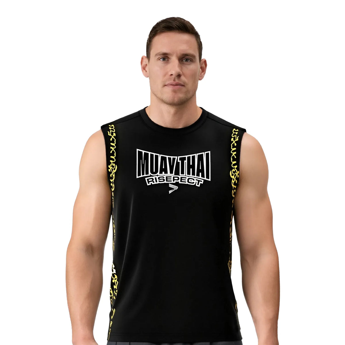Black Muay Thai Sleeveless Shirt With Gold Buddhist Texts