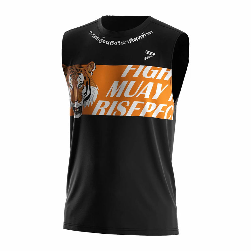Black Muay Thai Sleeveless Shirt With Orange Tiger