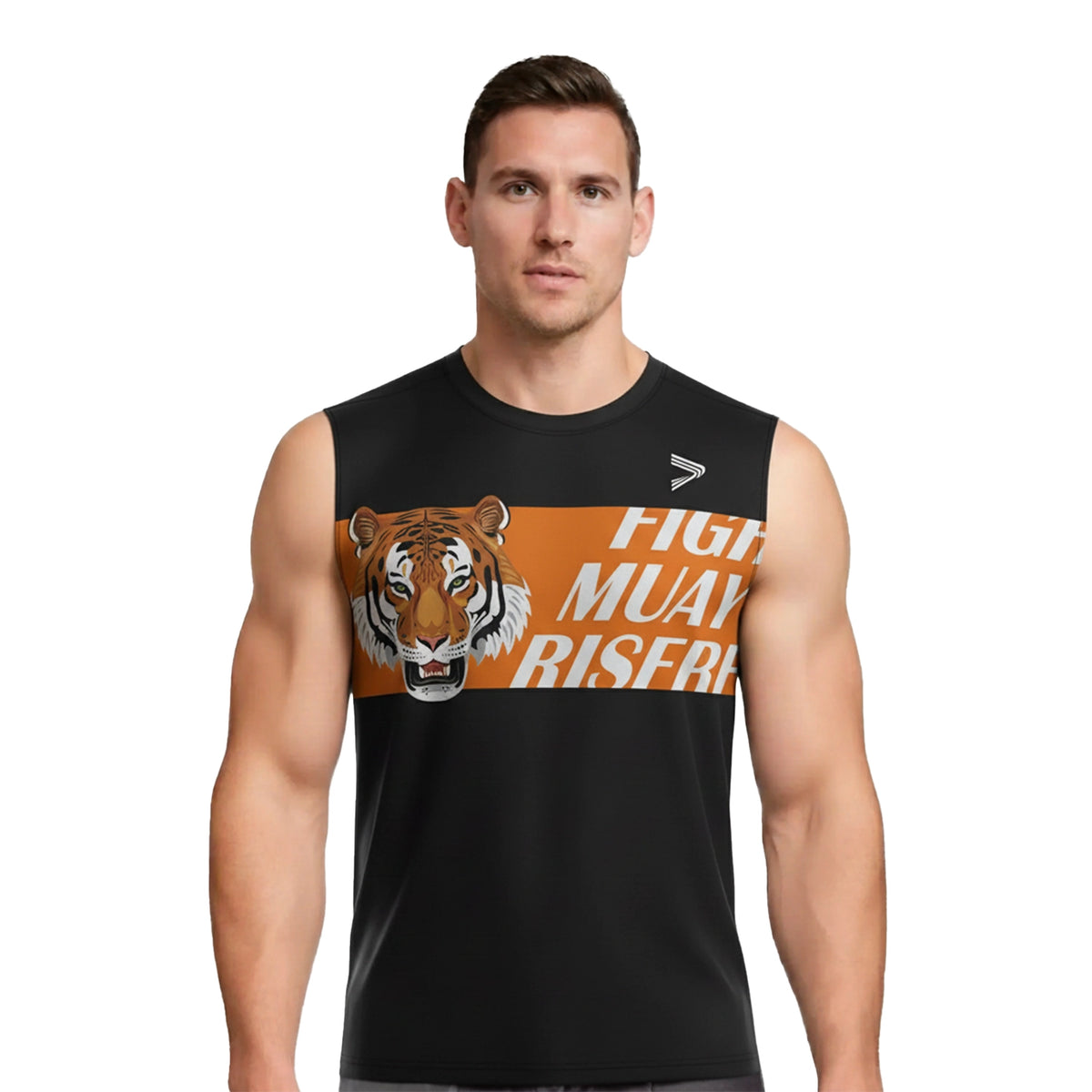 Black Muay Thai Sleeveless Shirt With Orange Tiger