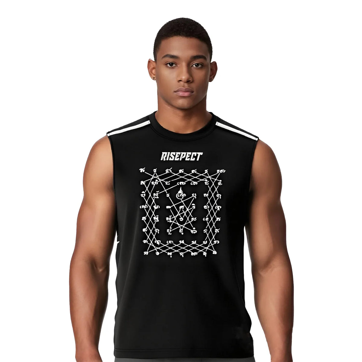 Male Model in Black RISEPECT Grid Graphic Muay Thai Sleeveless Shirt