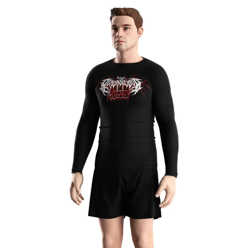 Male Model in Blood Sigil Red Gothic Rash Guard Ritual Combat Long Sleeve 3.0 Front View