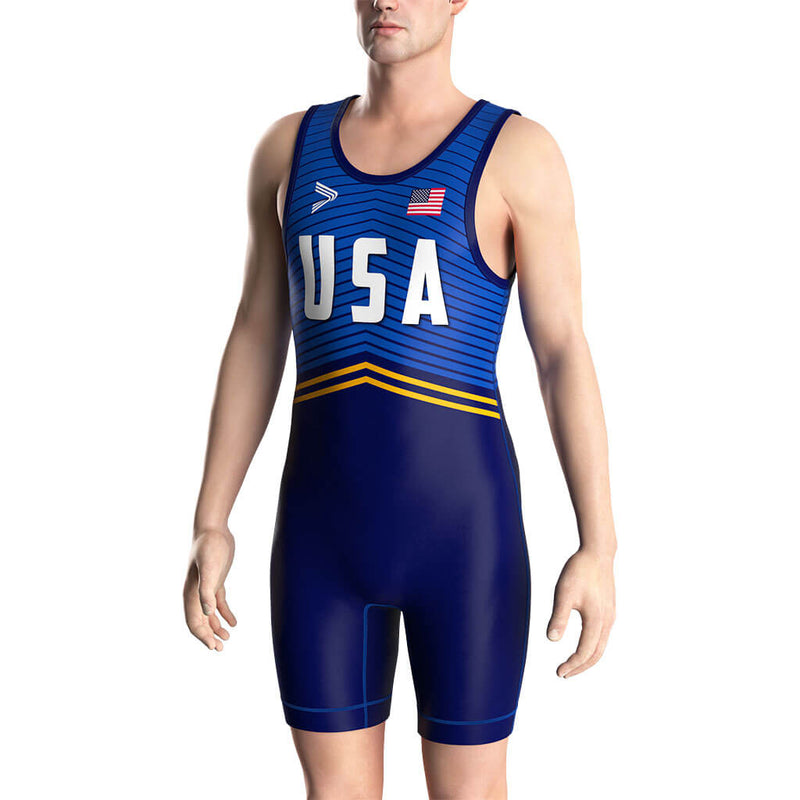 Blue Competition USA Striped Wrestling Singlet 2.0 Flatlock & Sublimation