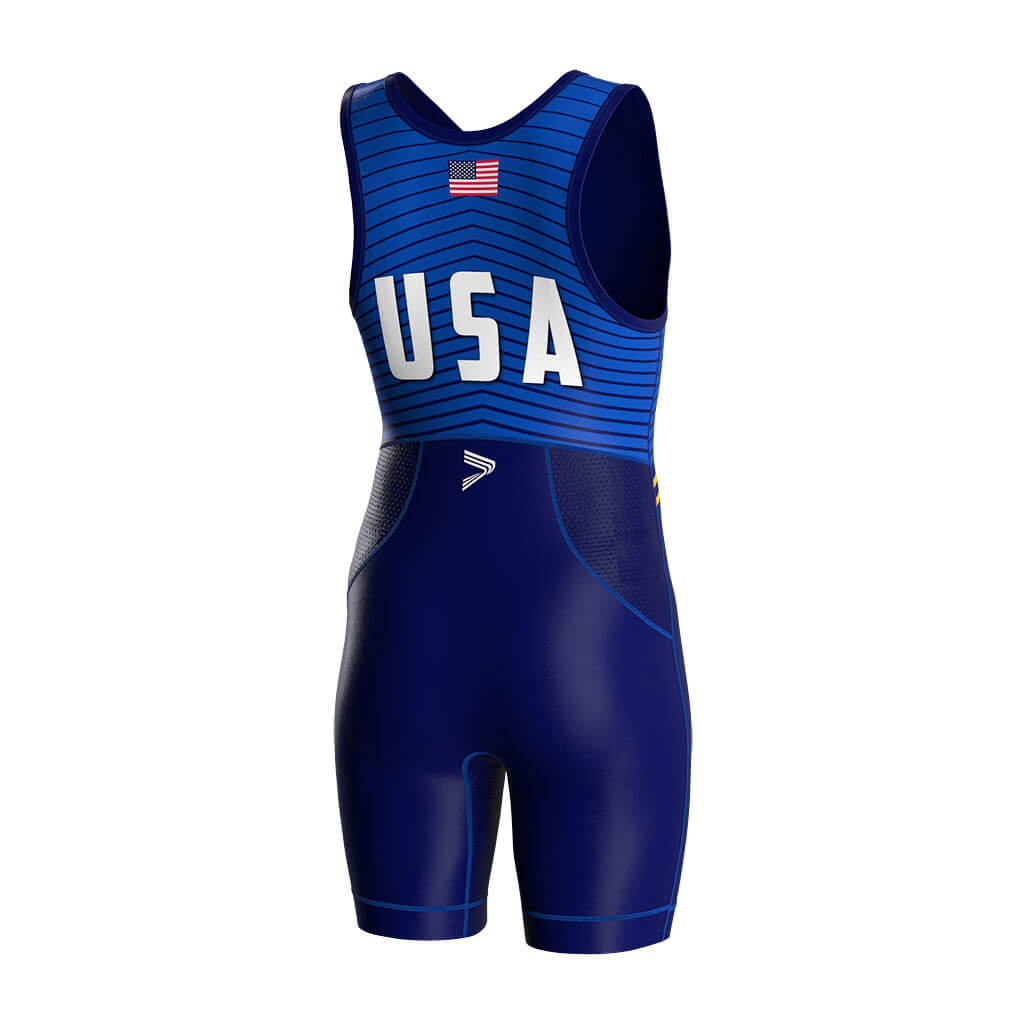 Blue Competition USA Striped Wrestling Singlet 2.0 Flatlock & Sublimation