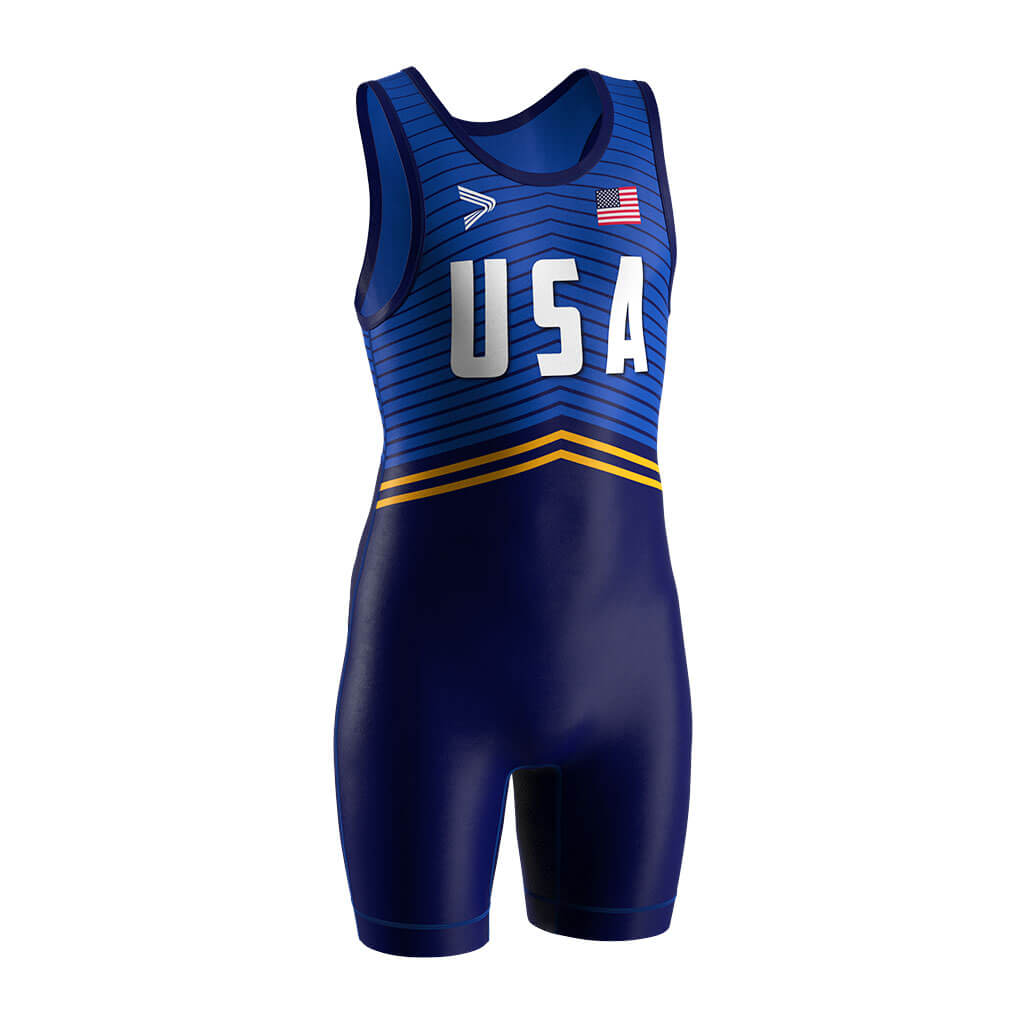 Blue Competition USA Striped Wrestling Singlet 2.0 Flatlock & Sublimation