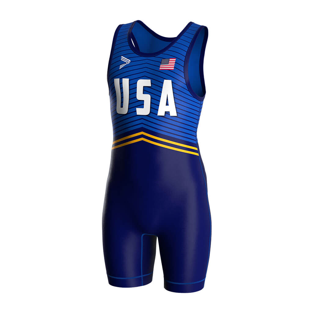 Blue Competition USA Striped Wrestling Singlet 2.0 Flatlock & Sublimation