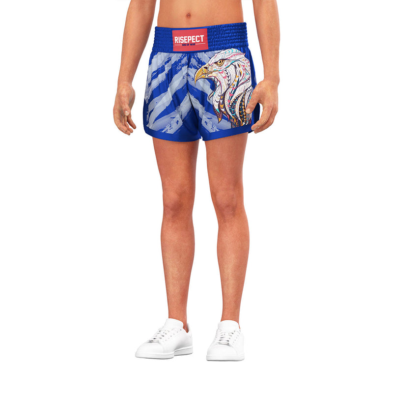 Male Model in Blue Eagle Muay Thai Shorts Classic Thai Boxing Style - front