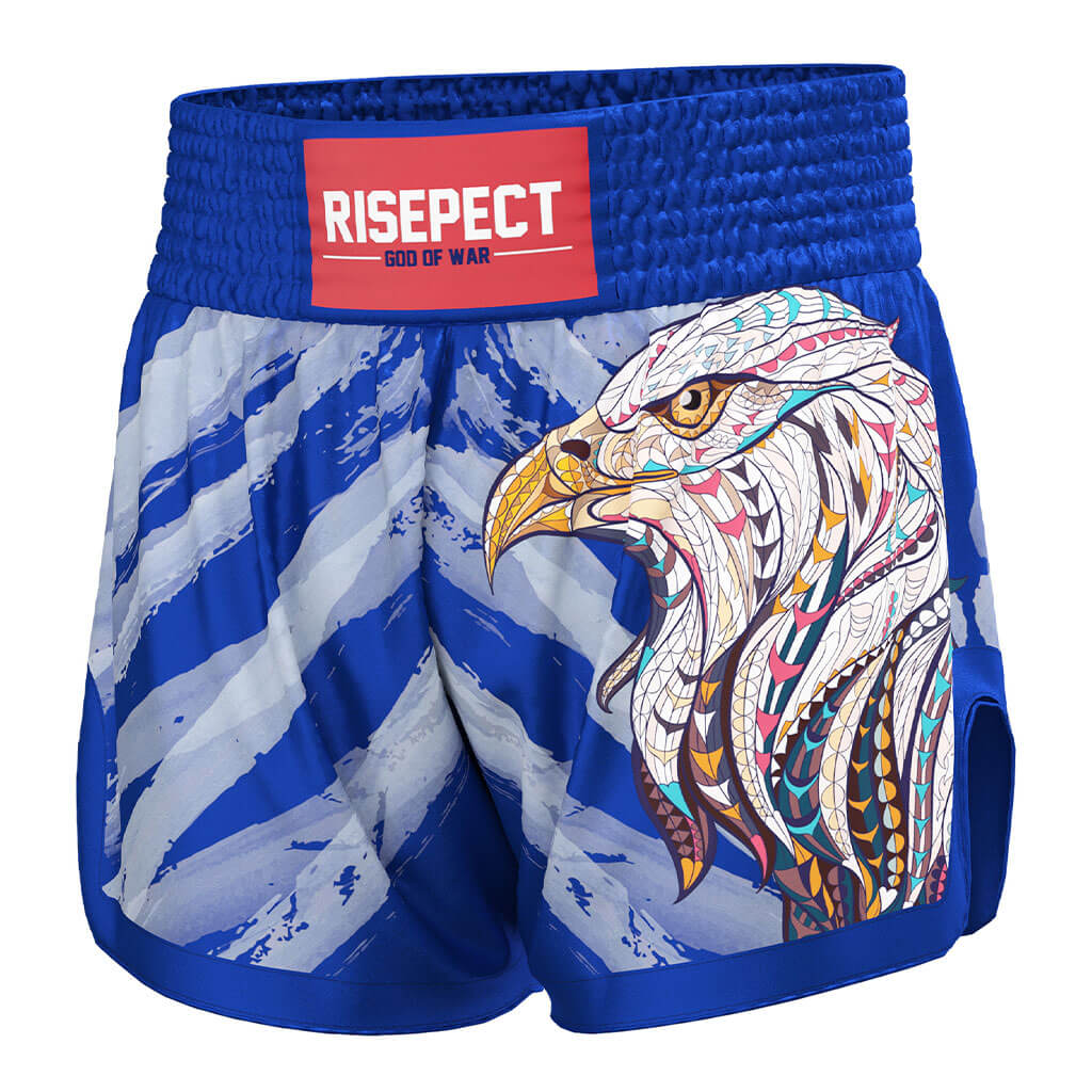 Blue Eagle Muay Thai Shorts Classic Thai Boxing Style - left front