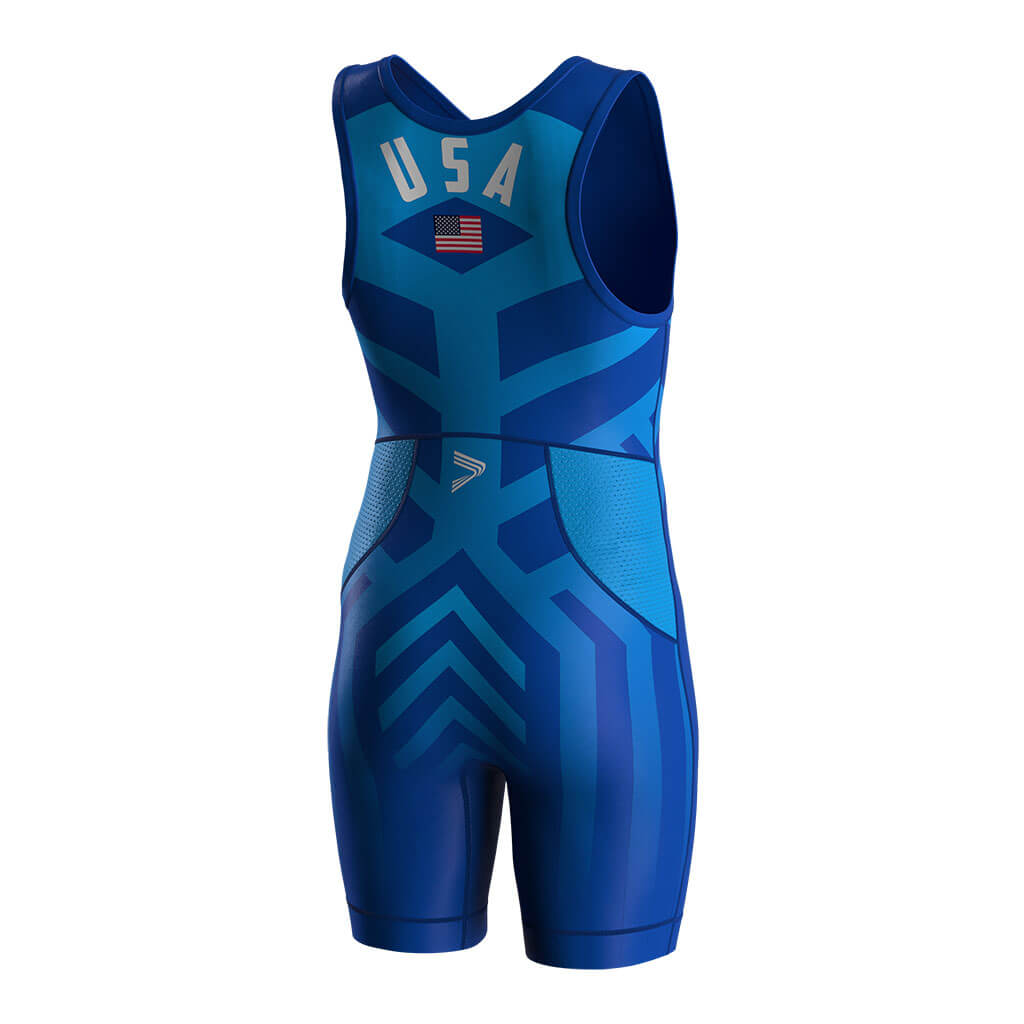 Blue Lycra USA Wrestling Singlet 2.0 with Back & Crotch Mesh Vents