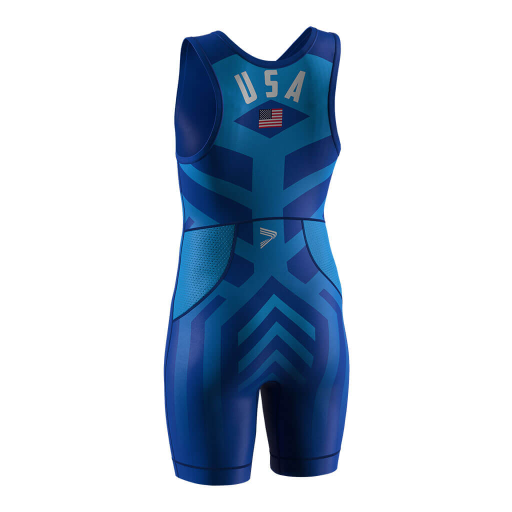 Blue Lycra USA Wrestling Singlet 2.0 with Back & Crotch Mesh Vents