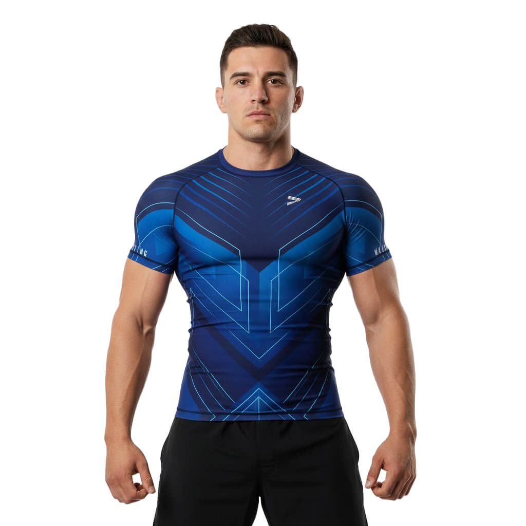 Male Model in Blue Phantom Wrestling Compression Shirt
