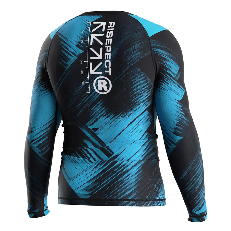The Right Back View of Blue Surge Momentum Flow Rash Guard 3.0