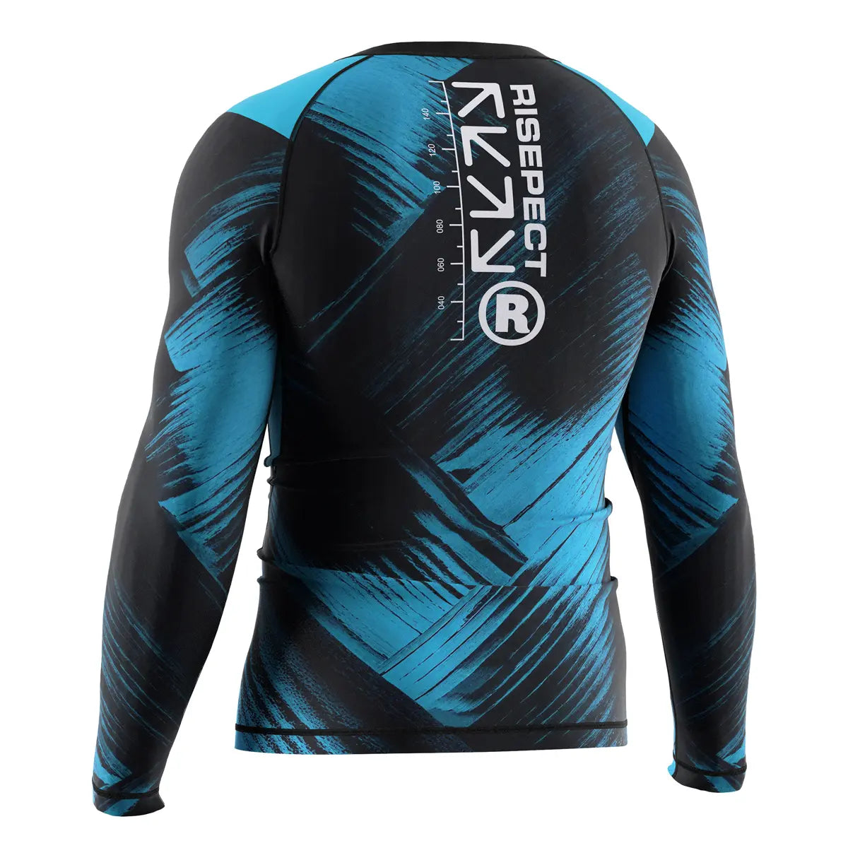 The Left Back View of Blue Surge Momentum Flow Rash Guard 3.0