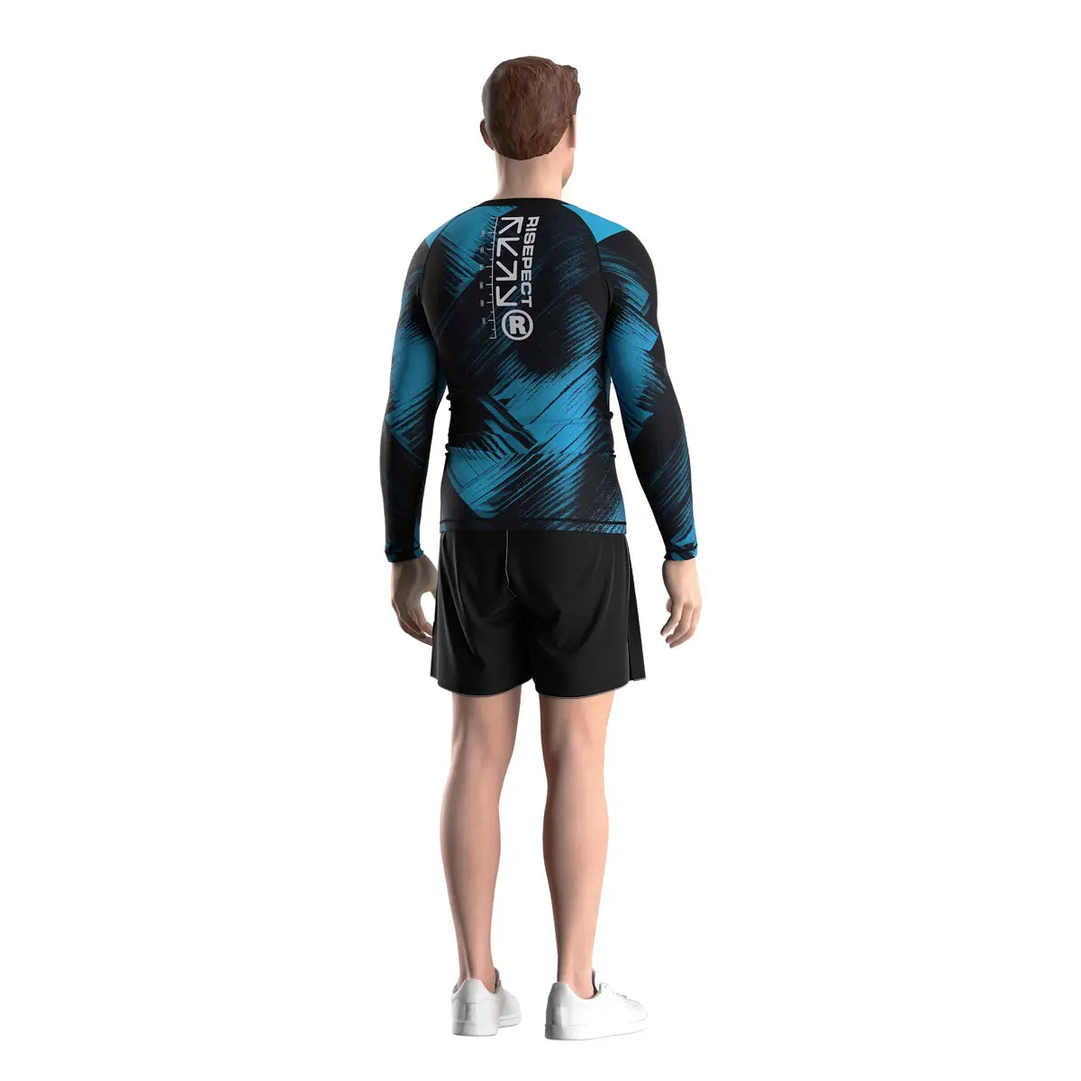 Male Model in Blue Surge Momentum Flow Rash Guard 3.0 Back View