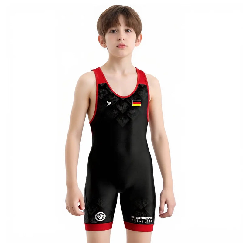 Boy Model in Crimson Edge Vector German Elite Gradient Wrestling Singlet 3.0