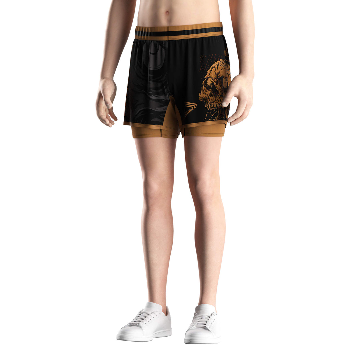 Male Model in Bright Brown 2 in 1 Skull Style BJJ MMA Shorts - front